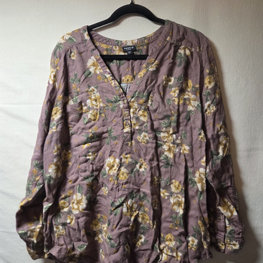 Torrid Floral Button-Front Blouse in Purple and Yellow
